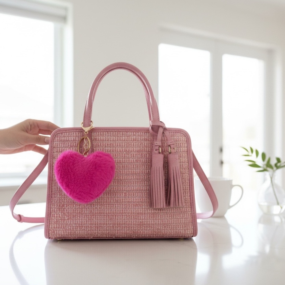 Plush Heart-shaped Keychain Bag Charm in Fushia Pink Faux Fur - Picture 3 of 6